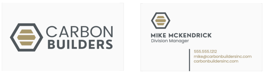 Two business card designs for Carbon Builders, a Michigan General Contractor, feature a hexagonal logo in gold and gray. One highlights the company name; the other includes contact details for Mike McKendrick, Division Manager. Perfect stationery design.