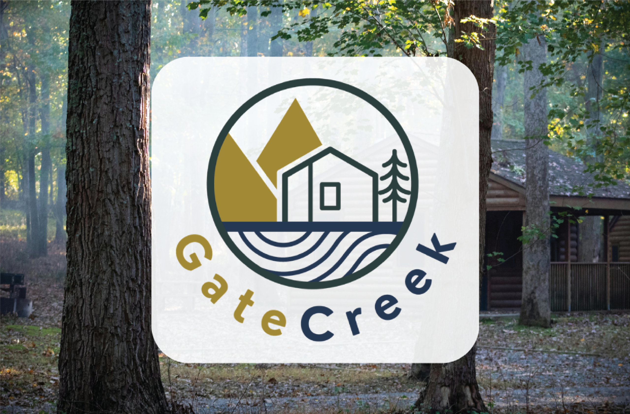 A logo reading GateCreek overlays a forest scene with cabins. This innovative logo design features a house, tree, hills, and river within a circle in green and gold. Sunlight filters through tall trees in the background, perfect for a women-focused business in the US.