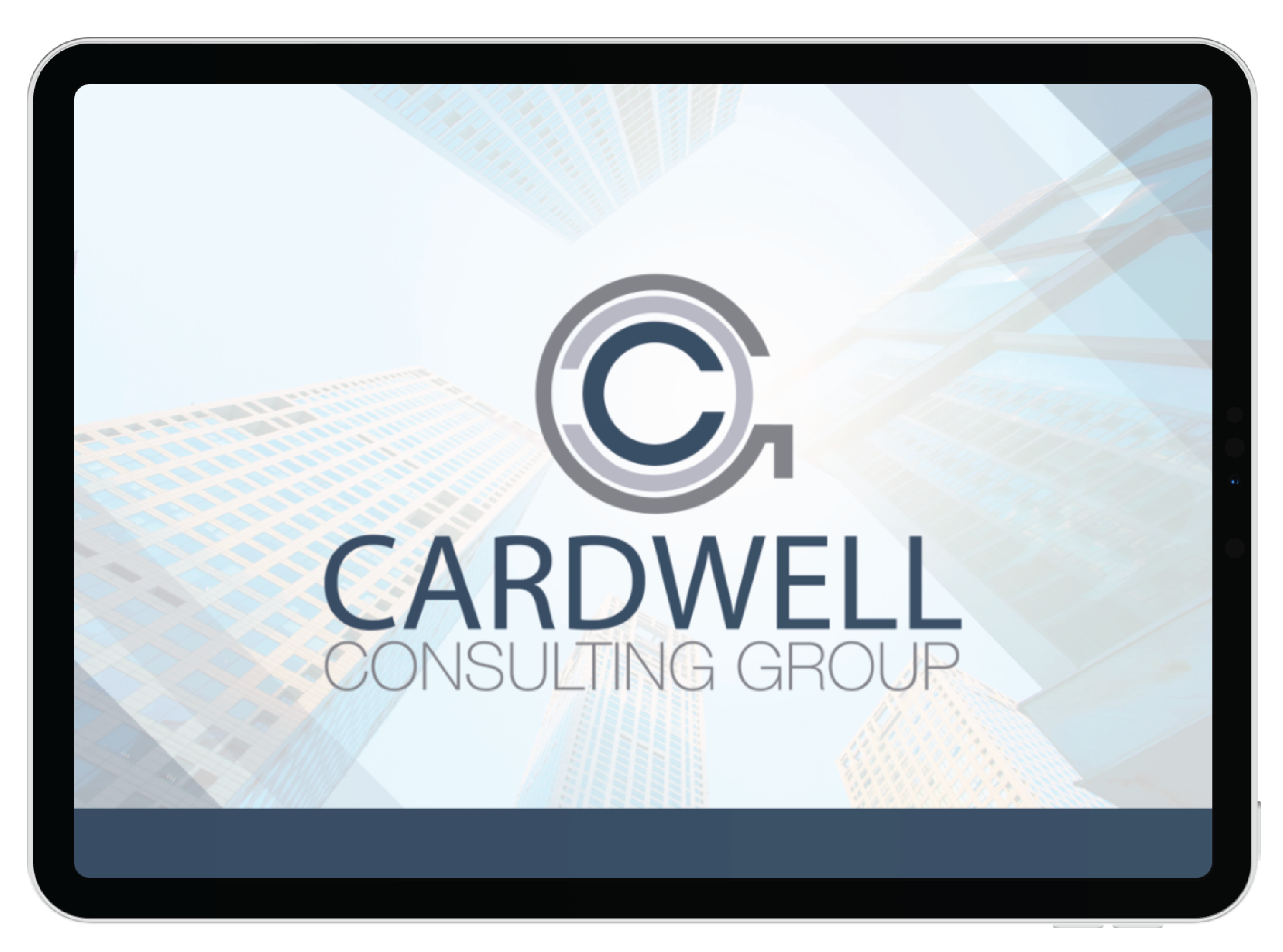 A tablet screen displays the Cardwell Consulting Group logo, featuring a stylized C above the company name, with a background of tall, modern skyscrapers seen from below—highlighting their expertise in HR Management.