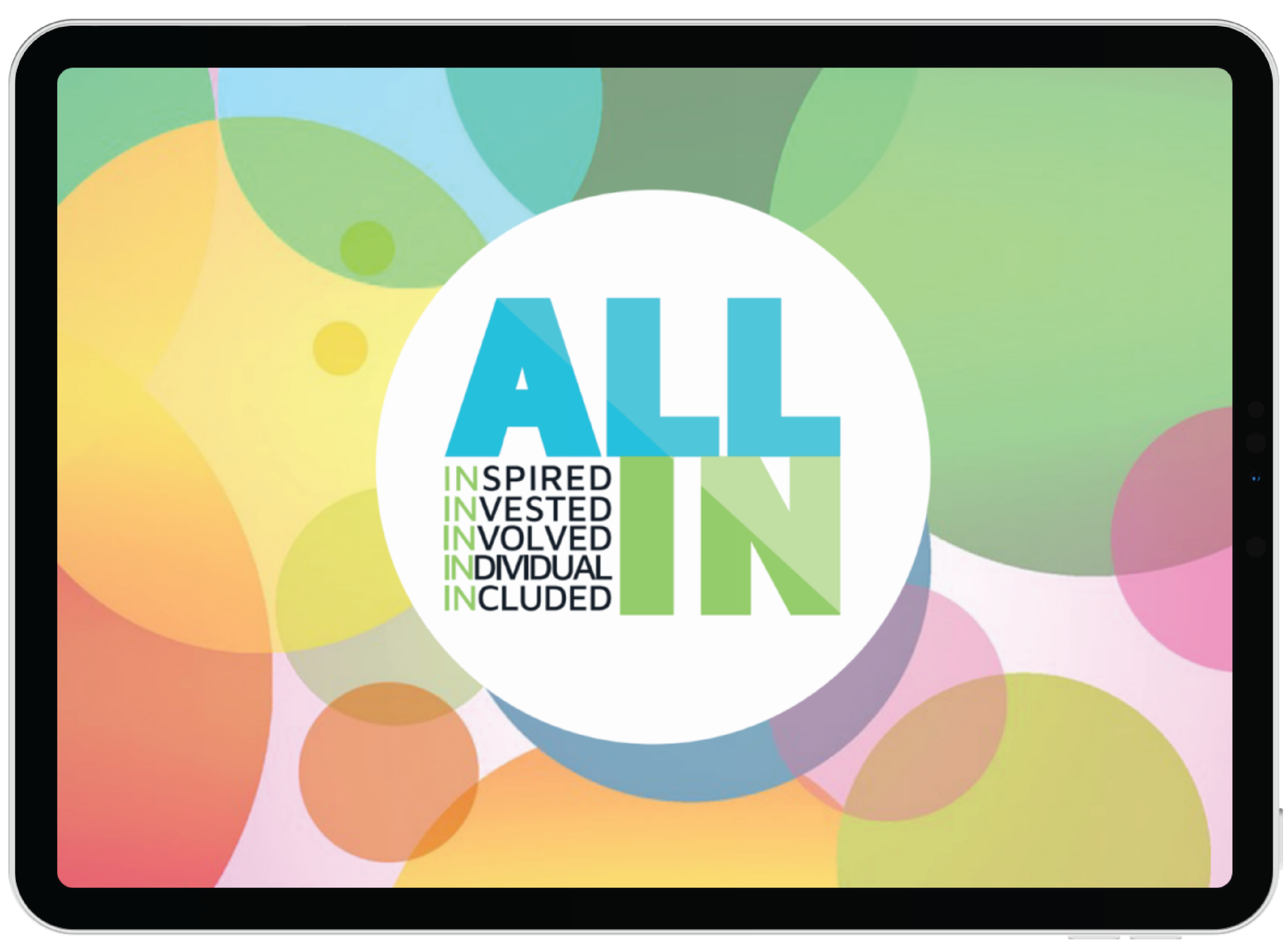 A tablet screen displays colorful overlapping circles with the text ALL IN in large blue and green letters, plus smaller words: INSPIRED, INVESTED, INVOLVED, INDIVIDUAL, INCLUDED—perfect for a Minnesota HR management slide deck design.