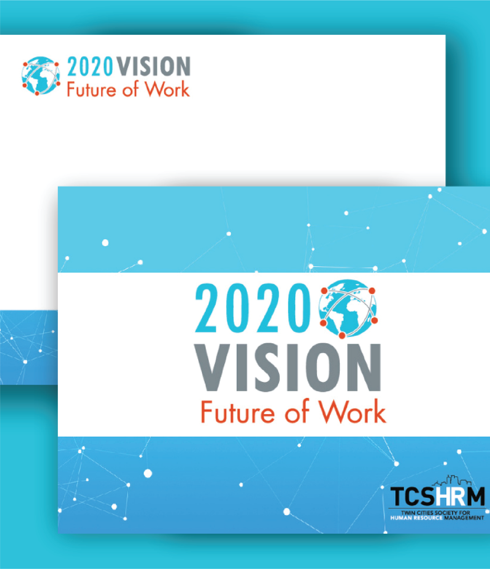 Two overlapping banners display the text “2020 Vision Future of Work” with a globe icon, blue and white backgrounds, and abstract network graphics—perfect for Michigan events or Equity Firm social media graphics. The TCSHRM logo is in the bottom right corner.