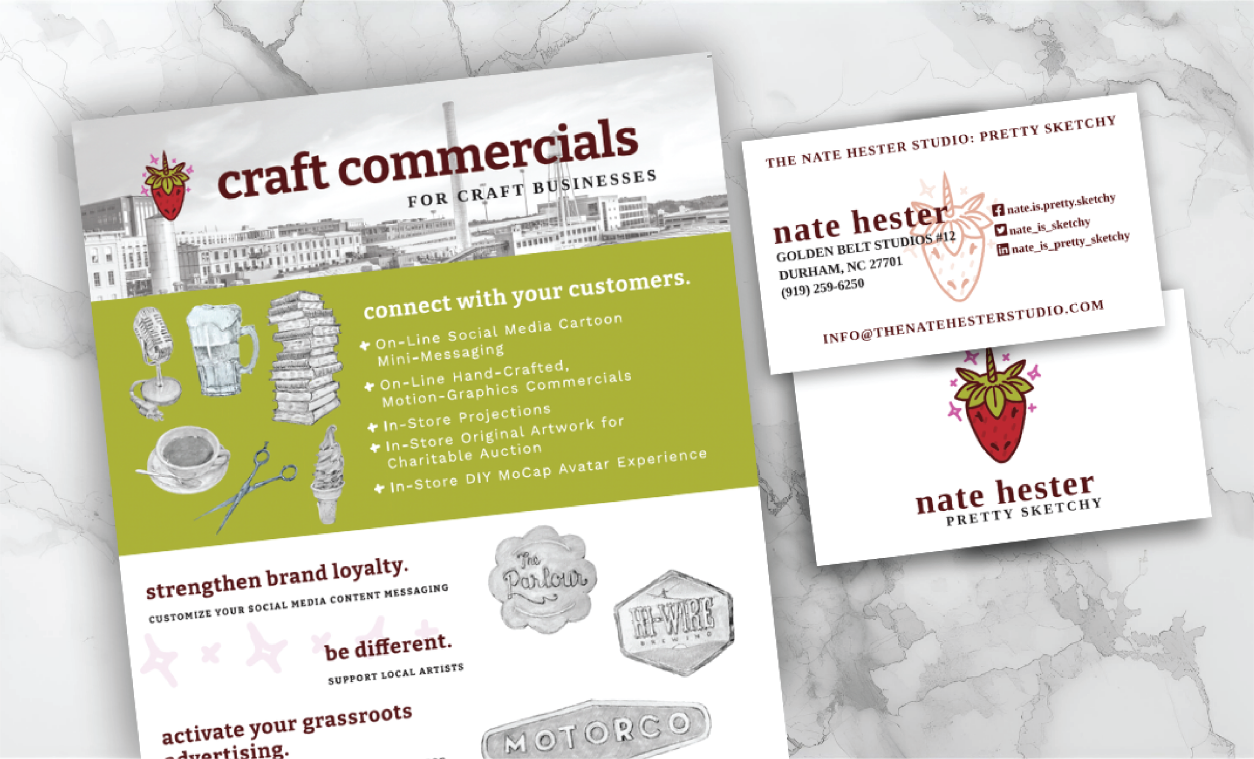 A flyer and business card for “Craft Commercials” by Nate Hester Studio feature hand-drawn graphics, a strawberry illustration, and service descriptions for media content aimed at craft businesses in Tennessee.