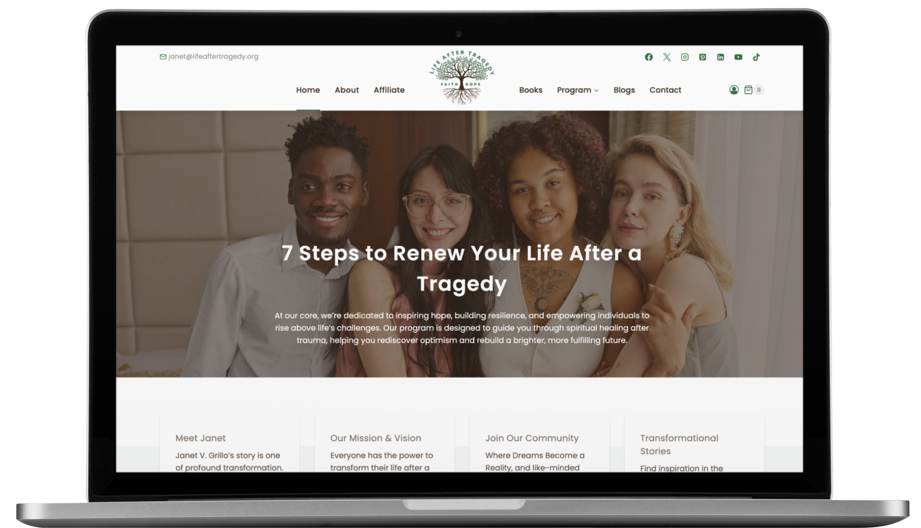 A laptop screen displays a Website Design Florida project: a site featuring four smiling people embracing, overlaid with the text 7 Steps to Renew Your Life After a Tragedy. The menu includes Home, About, Affiliates, Programs, Blogs, and Contact.