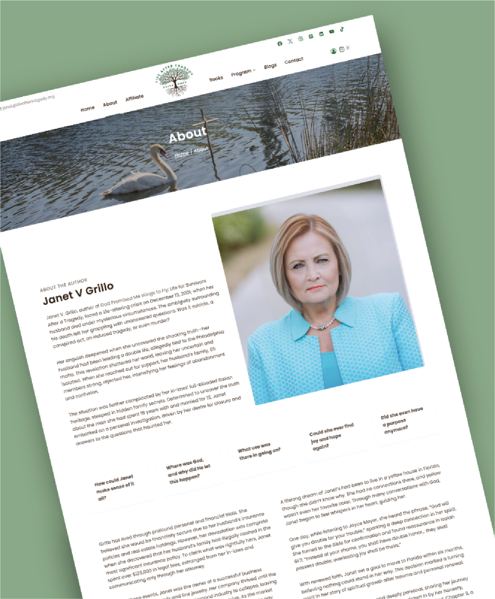 A website’s About page featuring a profile photo of a woman in a light blue jacket, with a brief biography and Q&A sections. The header image shows a swan swimming on a lake in Florida. The background is a muted green shade.