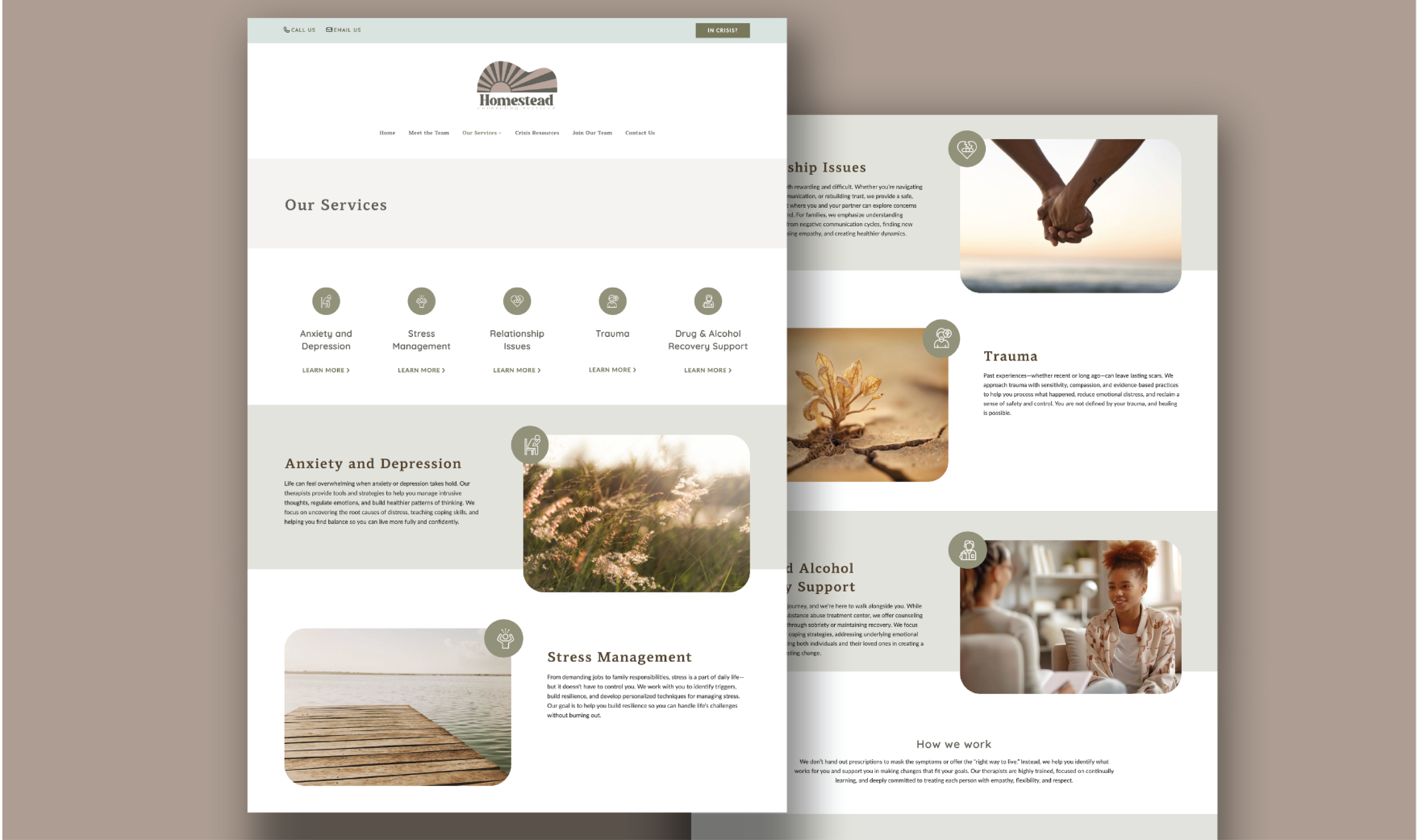 Two-page website design for a Pennsylvania counseling service. The layout features muted colors, nature images, service icons, and sections about anxiety, stress management, trauma, relationship issues, and alcohol support.
