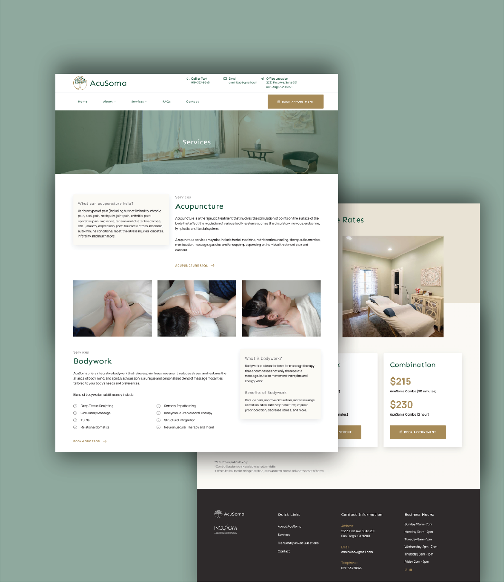 AcuSoma homepage mockup with logo header, navigation, a hero image of a treatment room labeled 'Services', and the bodywork section below.