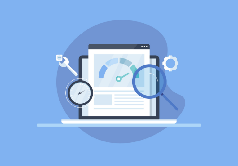 Illustration of a laptop displaying a speedometer gauge, surrounded by a magnifying glass, wrench, compass, and gear—symbolizing website performance analysis and optimization to fix website issues and improve the impact of ads.
