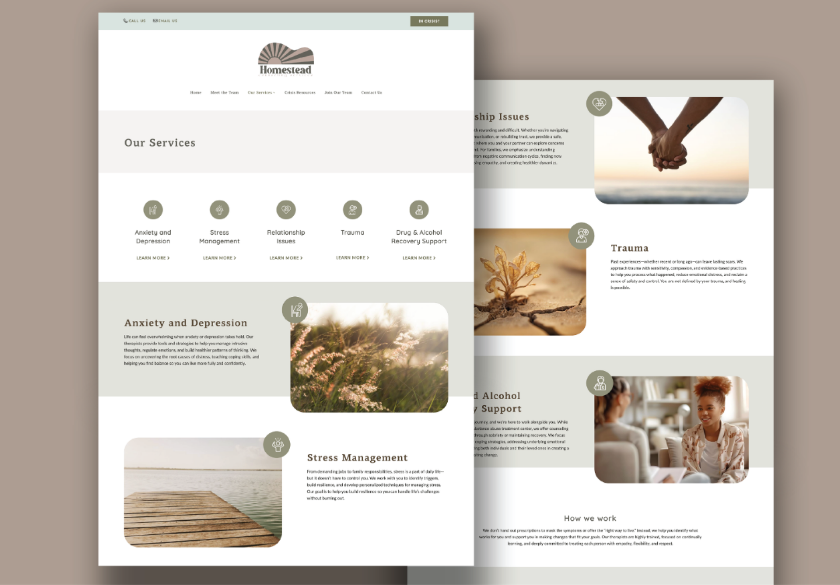 A trustworthy website mockup for a Pennsylvania mental health service, featuring sections on anxiety, stress, relationships, trauma, and addiction—enhanced by images of nature, hands, and people in supportive settings.