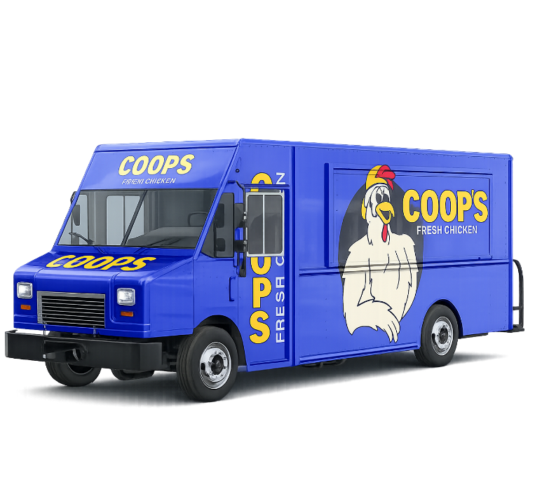 A blue food truck with COOPS FRESH CHICKEN in yellow and white letters and a large cartoon chicken logo on the side, perfect for featuring on a Food Truck Website. The truck is parked on a plain white background.