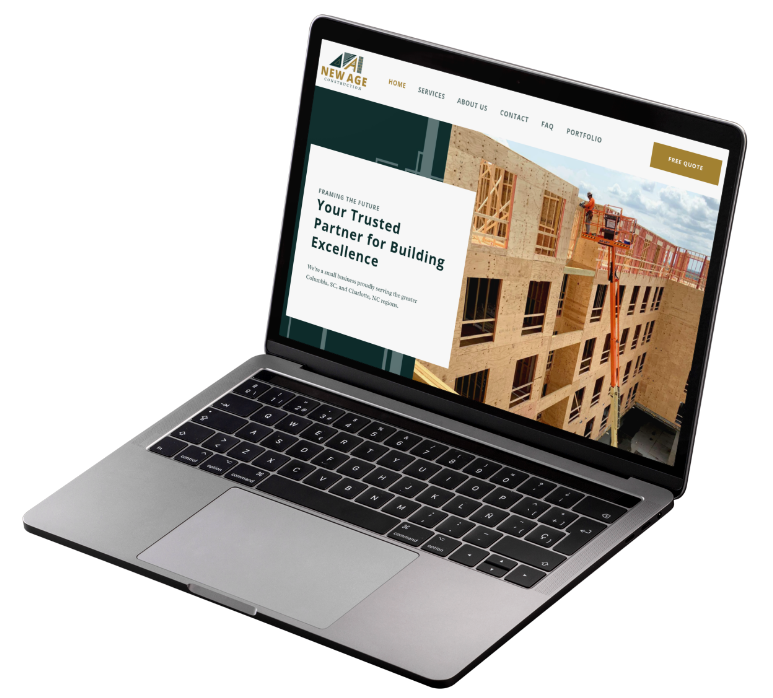 A laptop displaying a Home Builder Website, featuring an image of a wood-framed building under construction and text reading Your Trusted Partner for Building Excellence. Perfect for showcasing professional website design.