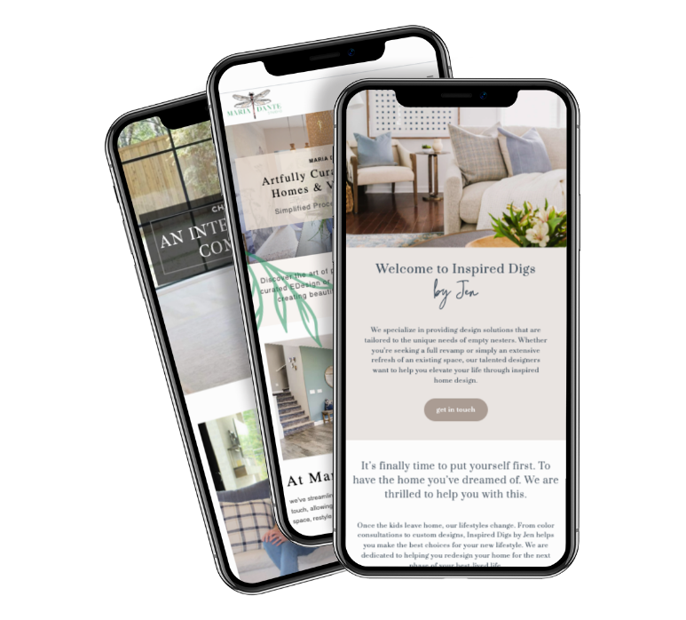 Three smartphones overlap, each displaying a modern interior design website. The screens show inspiring home decor images, inviting text, and sleek navigation buttons on a crisp white background.