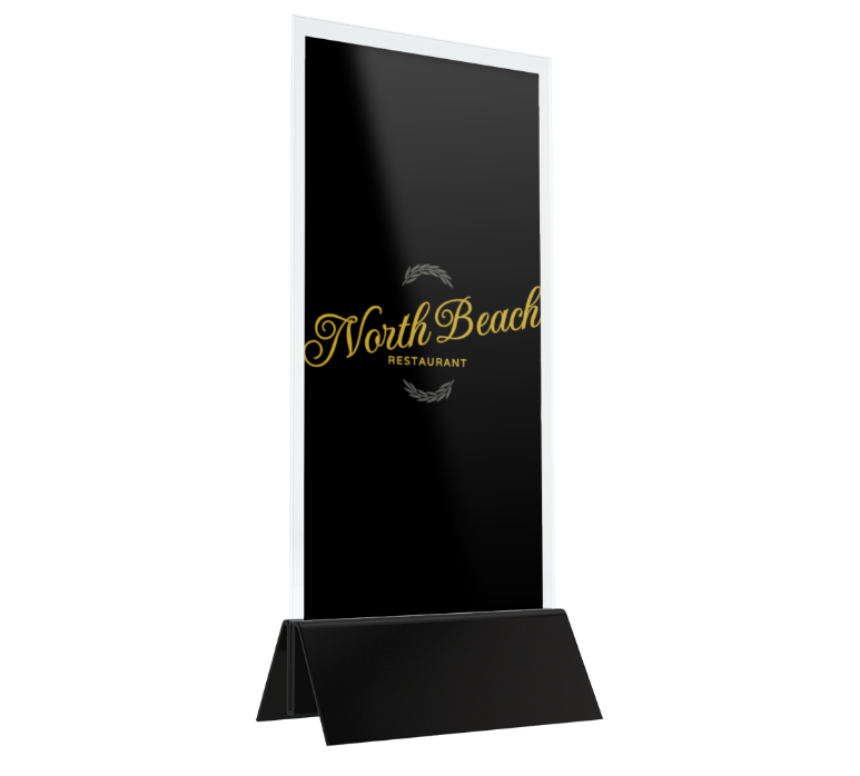 A black, freestanding sign with gold script reading North Beach Restaurant and decorative accents showcases elegant restaurant branding, displayed on a white background.