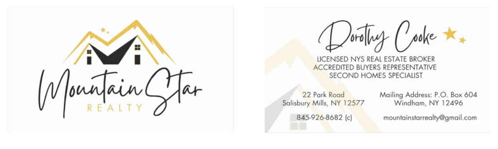 business card design for realtor | Moonlit Media LLC Two business cards for Mountain Star Realty showcase a unique stationery design. The left card features a stylized mountain and house logo with yellow stars; the right lists contact details for Dorothy Cooke, licensed real estate broker in Michigan.