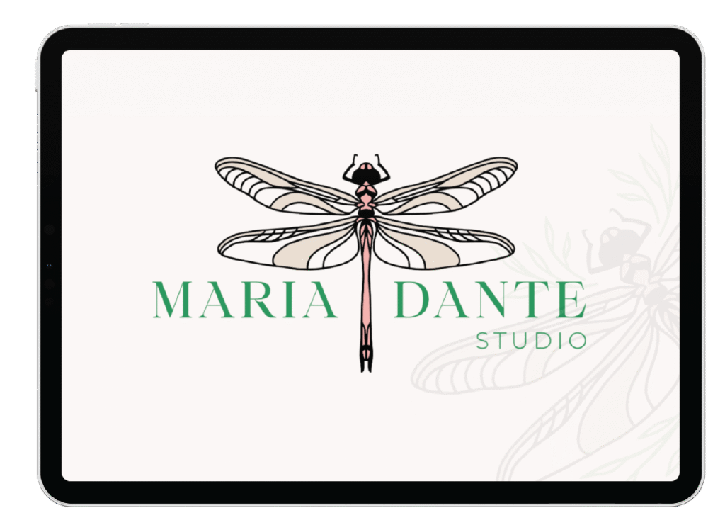 A tablet screen displays a logo with a stylized dragonfly and a human figure at its center, alongside the text MARIA DANTE STUDIO in green capital letters—perfect inspiration for Florida interior designers and social graphics.