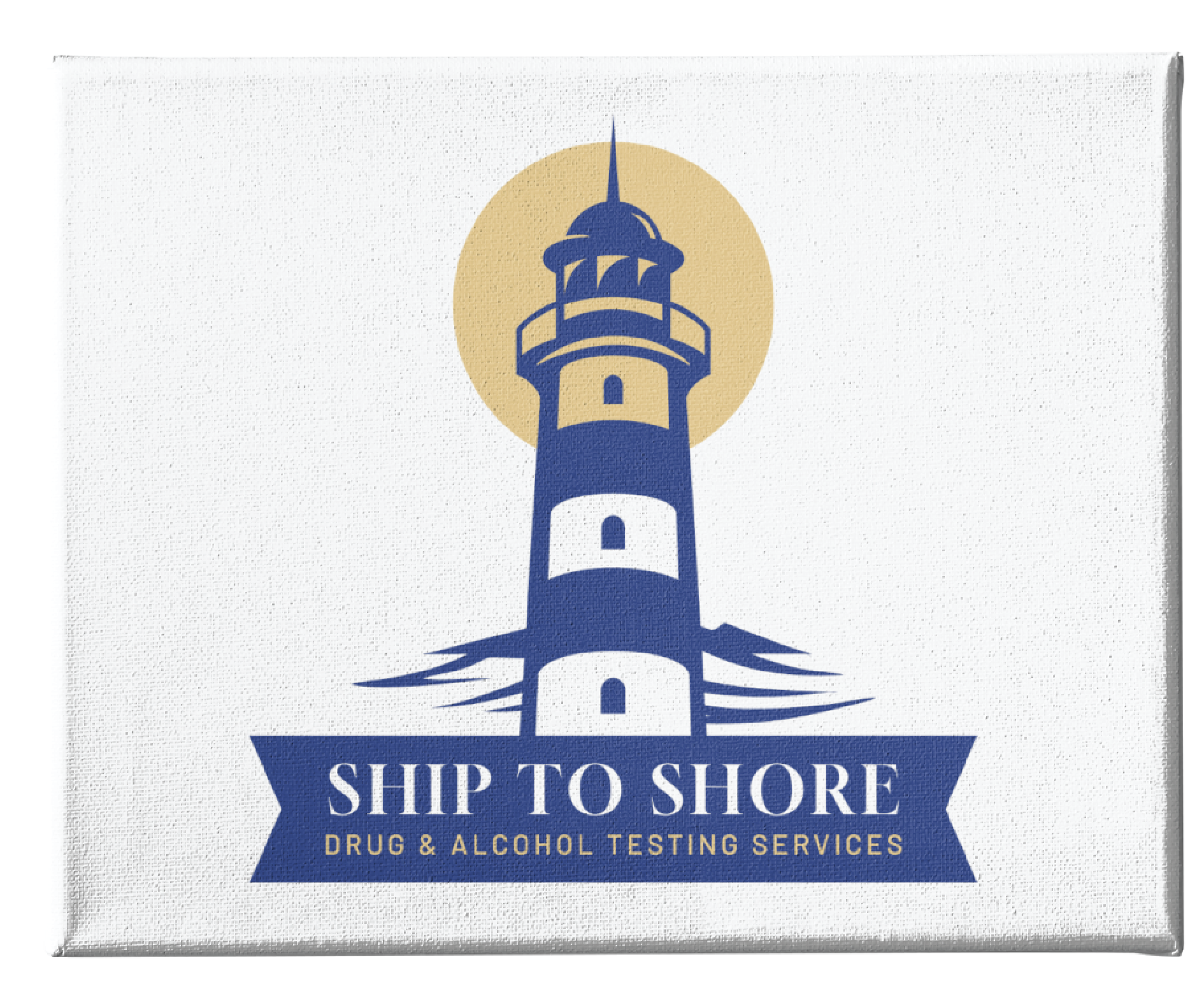 A stylized blue and white lighthouse with a yellow sun behind it sits above a blue banner reading Ship to Shore Drug & Alcohol Testing Services, highlighting trusted logo design for California’s senior care community on a white background.