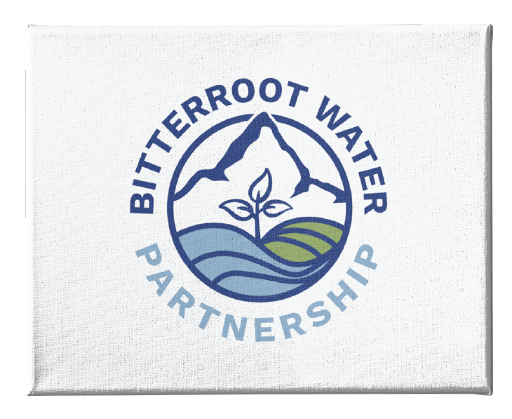Logo Design for Bitterroot Water Partnership, a non-profit, featuring a mountain, three-leaf plant, river, and fields in a circular motif with the organization's name around the edge. Ideal inspiration for non-profits from Kansas City to beyond.