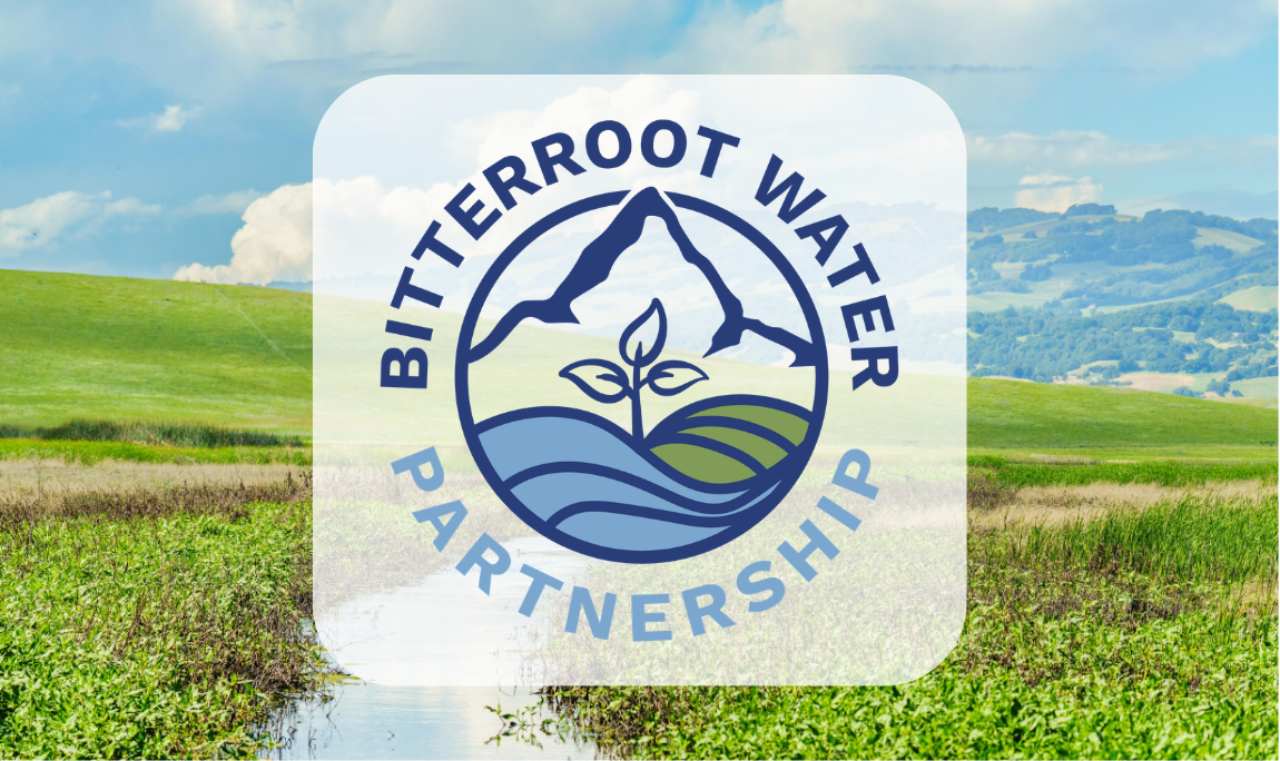 A logo reading Bitterroot Water Partnership with mountains, a plant, and water is overlaid on a scenic Montana background of grassy fields, a stream, and distant hills under a cloudy blue sky.