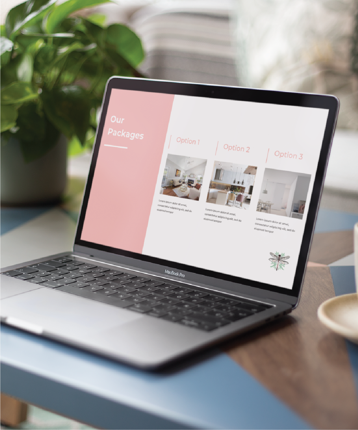 A MacBook Pro on a desk displays a presentation slide with three package options for social graphics, each with an image and brief description. A potted plant and a plate are in the background, creating an inviting space for an interior designer.