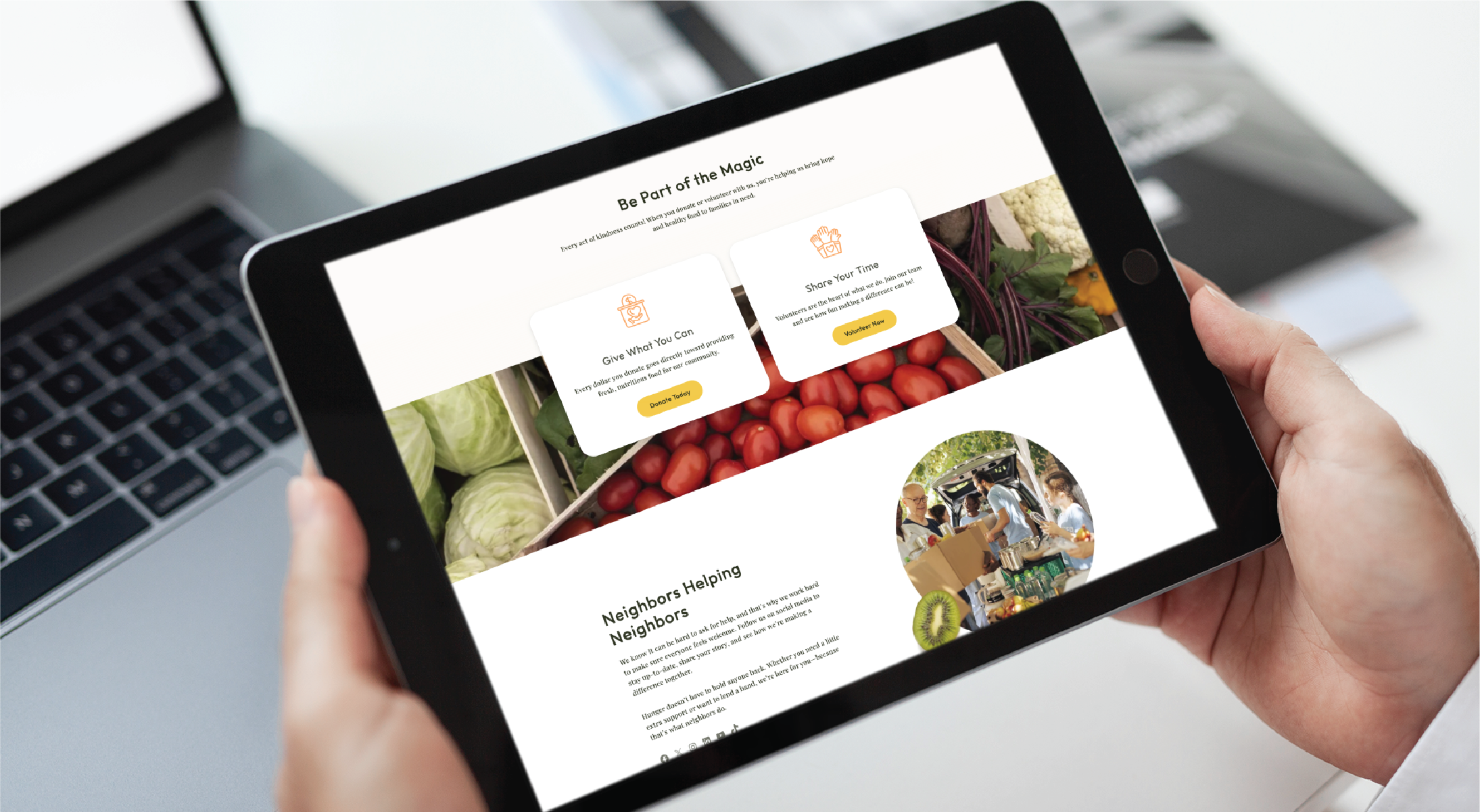 A person holds a tablet showcasing a sleek website design featuring fresh vegetables, action buttons, and people distributing groceries, promoting a California community food-sharing initiative.