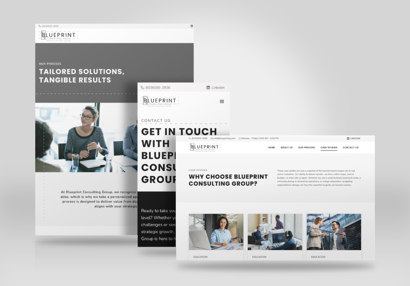 Three overlapping website mockups for Blueprint Consulting Group, featuring professional images, navigation menus, and sections highlighting consulting services—ideal for small business website design that ages well—plus client testimonials and contact info on a light gray background.