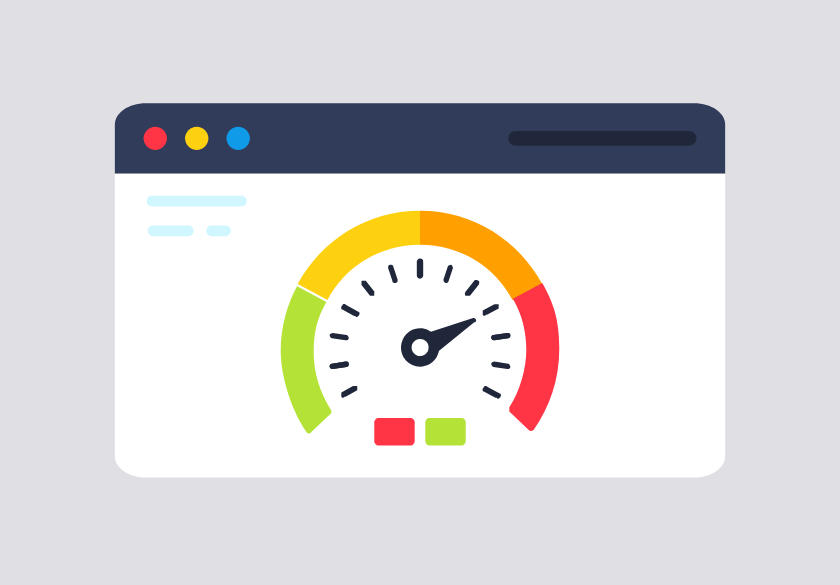 Illustration of a web browser window displaying a speedometer gauge—perfect for showing how a small business website design can achieve high performance. The needle points to the red zone, with green, yellow, and red segments marking speed levels.