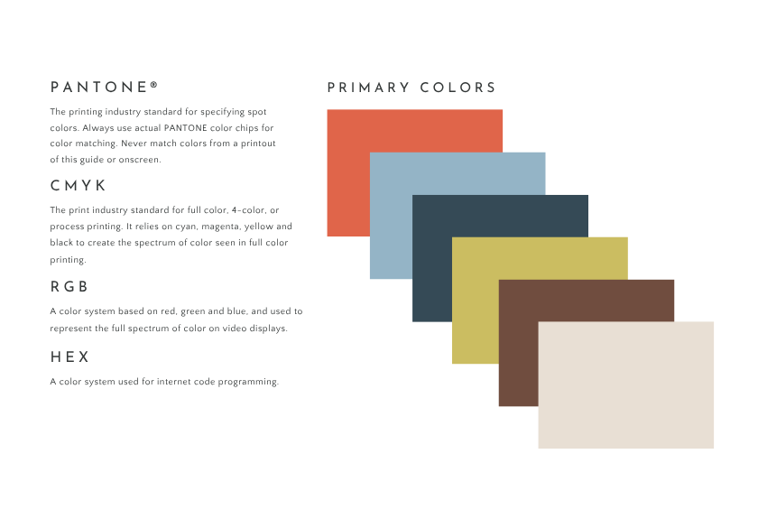 A graphic showing five overlapping rectangles in red, blue, dark gray, olive green, and brown—labeled as primary colors—features descriptions of Pantone, CMYK, RGB, and HEX color systems on the left to illustrate branding’s bigger picture.