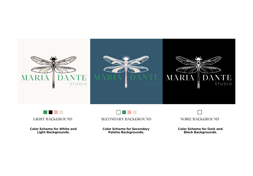 Three AI-generated logos for Maria Dante Studio, each featuring a dragonfly illustration: on light, blue, and black backgrounds with matching color schemes below—perfect for distinctive branding.
