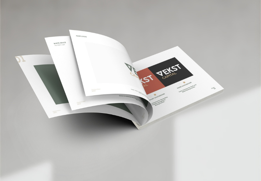 An open booklet lies on a smooth, light surface, displaying branding designs and AI-generated logos with the text VEKST CAPITAL in different layouts and colors on its inside pages.