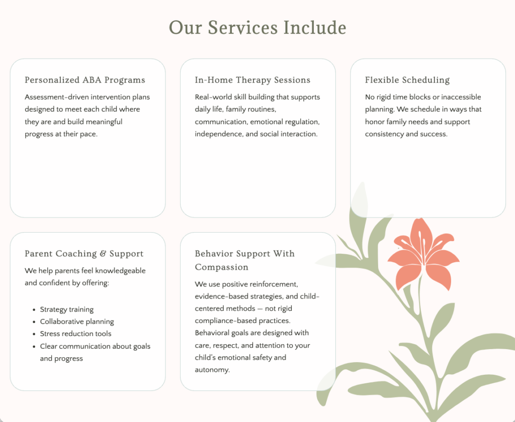 A service offerings graphic for an ABA therapy website featuring six boxes on ABA programs, in-home therapy, flexible scheduling, parent coaching, and compassionate behavior support—all surrounding a vibrant orange flower—inviting parents to consider reaching out.
