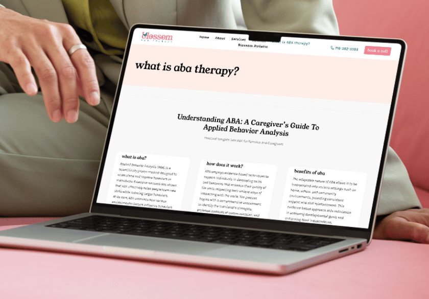 A person in a light-colored suit sits with a laptop on their lap, displaying an ABA Therapy Website titled what is aba therapy? with helpful information for parents about Applied Behavior Analysis and caregiving.