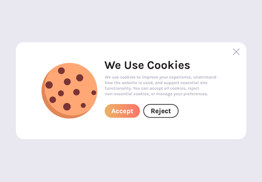 A website cookie consent popup with a large cookie illustration, text explaining privacy basics and cookies, plus two buttons labeled Accept in orange and Reject in white—perfect for small businesses focused on website privacy.