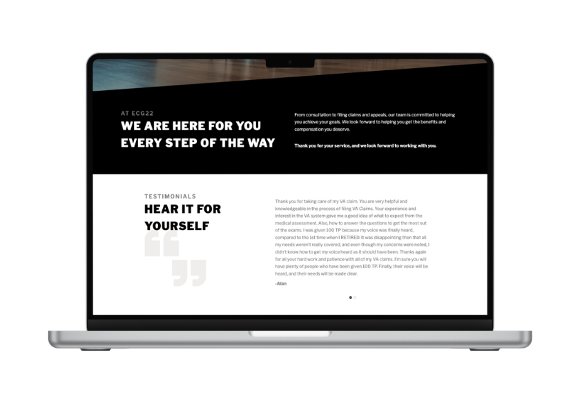 Laptop screen displaying a website with a bold header'WE ARE HERE FOR YOU' and a 'HEAR IT FOR YOURSELF' testimonial section.
