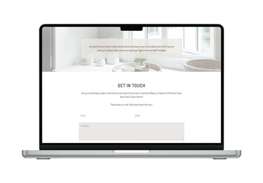 A laptop displaying a Get in Touch contact form on a website, with fields for name, email, and message. The background shows a bright kitchen with a sink, white countertop, window, and testimonials for the biggest impact.