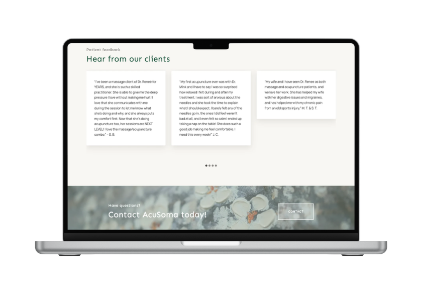 A laptop screen displays impactful website placement with a section titled Hear from our clients, featuring three client testimonials in white boxes and a Contact AcuSoma today! message at the bottom.