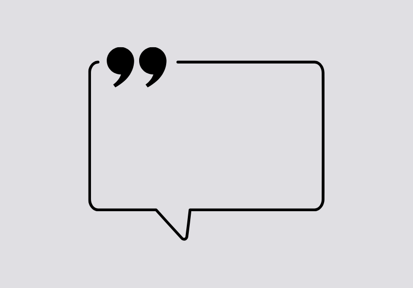 A blank rectangular speech bubble outlined in black with two solid black quotation marks in the top left corner, perfect for showcasing website testimonials on a light gray background to highlight messages that make the biggest impact.
