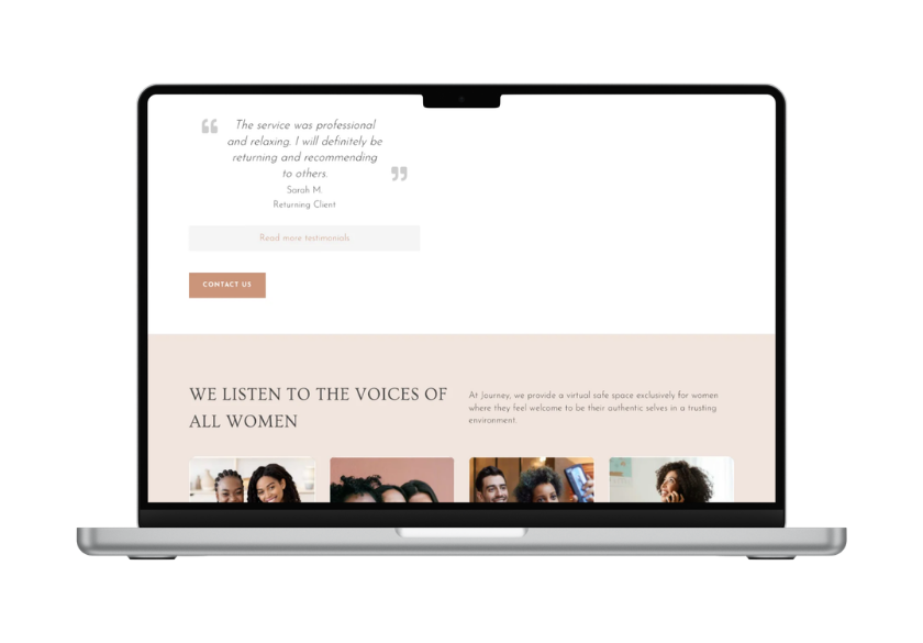 Laptop screen shows a website with client testimonials and a beige section titled'We listen to the voices of all women'.