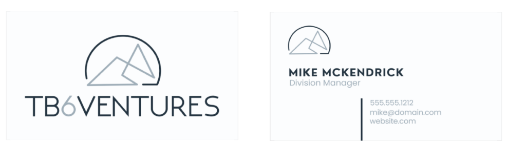 Two business cards for TB6 Ventures feature a minimalist mountain logo and sleek business card design. One card highlights the company name, while the other presents Michigan contact info for Mike McKendrick, Division Manager.