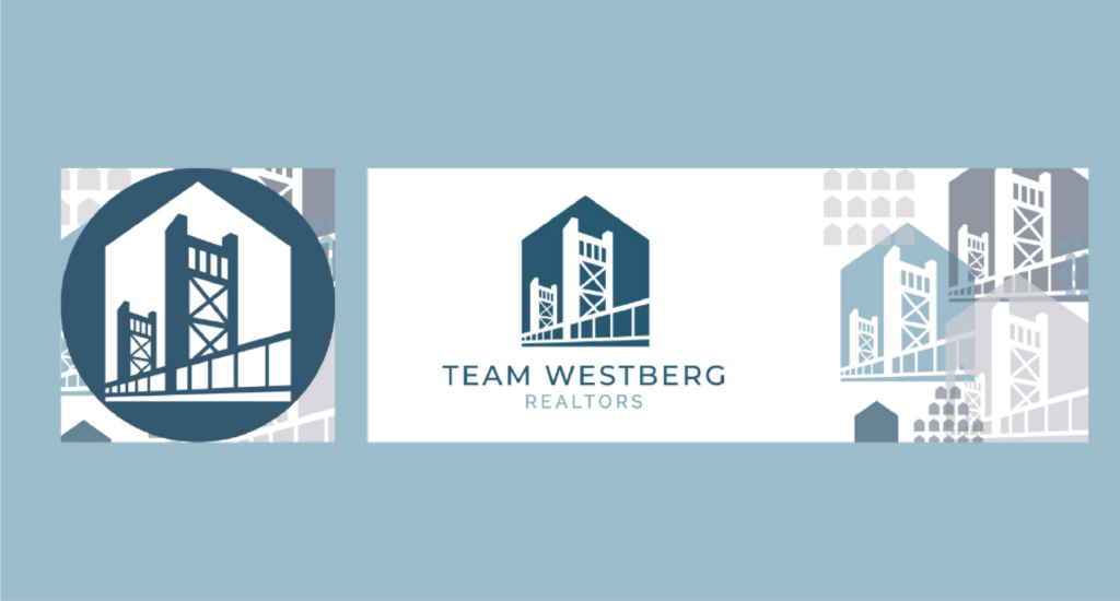Logo for Team Westberg Realtors featuring a stylized bridge and building in blue and white, inspired by California. The name is centered on a white background, with circle and square icons perfect for social graphics on a light blue background.