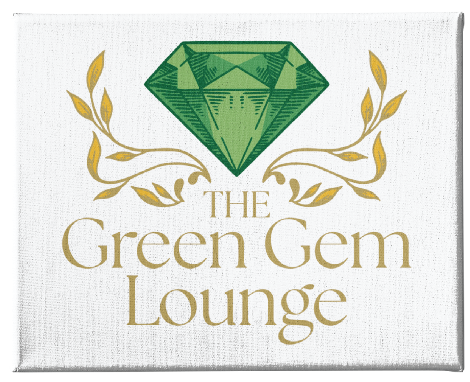 A green gemstone above gold decorative branches with the text “The Green Gem Lounge” in elegant gold lettering on a white background, perfect for a Pennsylvania landscaper seeking a refined logo design.