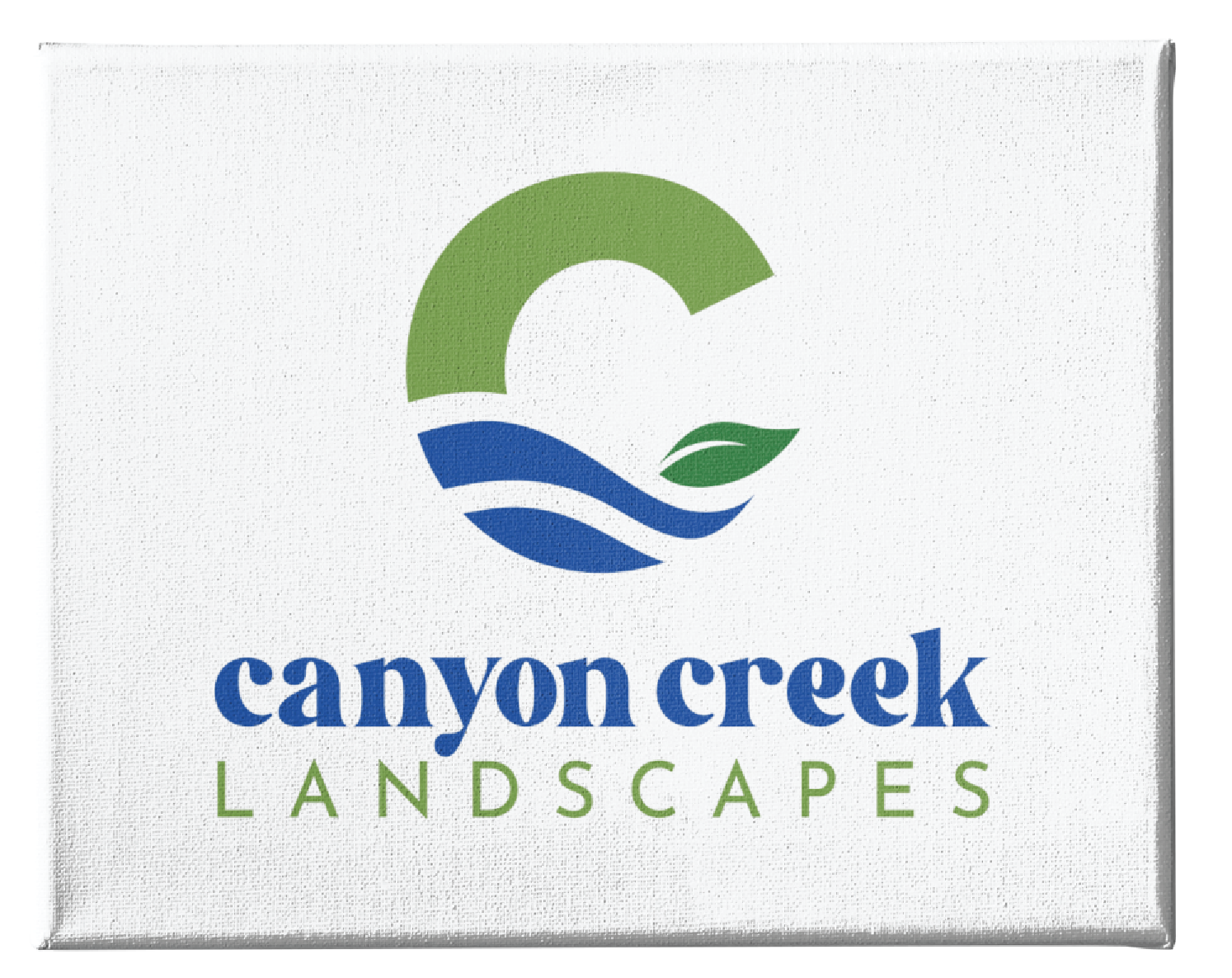 Logo for Canyon Creek Landscapes featuring a large green C with blue wavy lines and a green leaf, above the company name in blue and green text on a white background—an ideal brand design for landscape businesses in New Jersey.