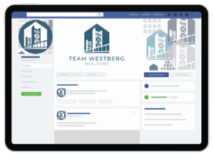 A tablet screen displays a Facebook business page for Team Westberg Realtors, featuring California-inspired social graphics along with a logo of a stylized bridge and modern blue and gray design elements.