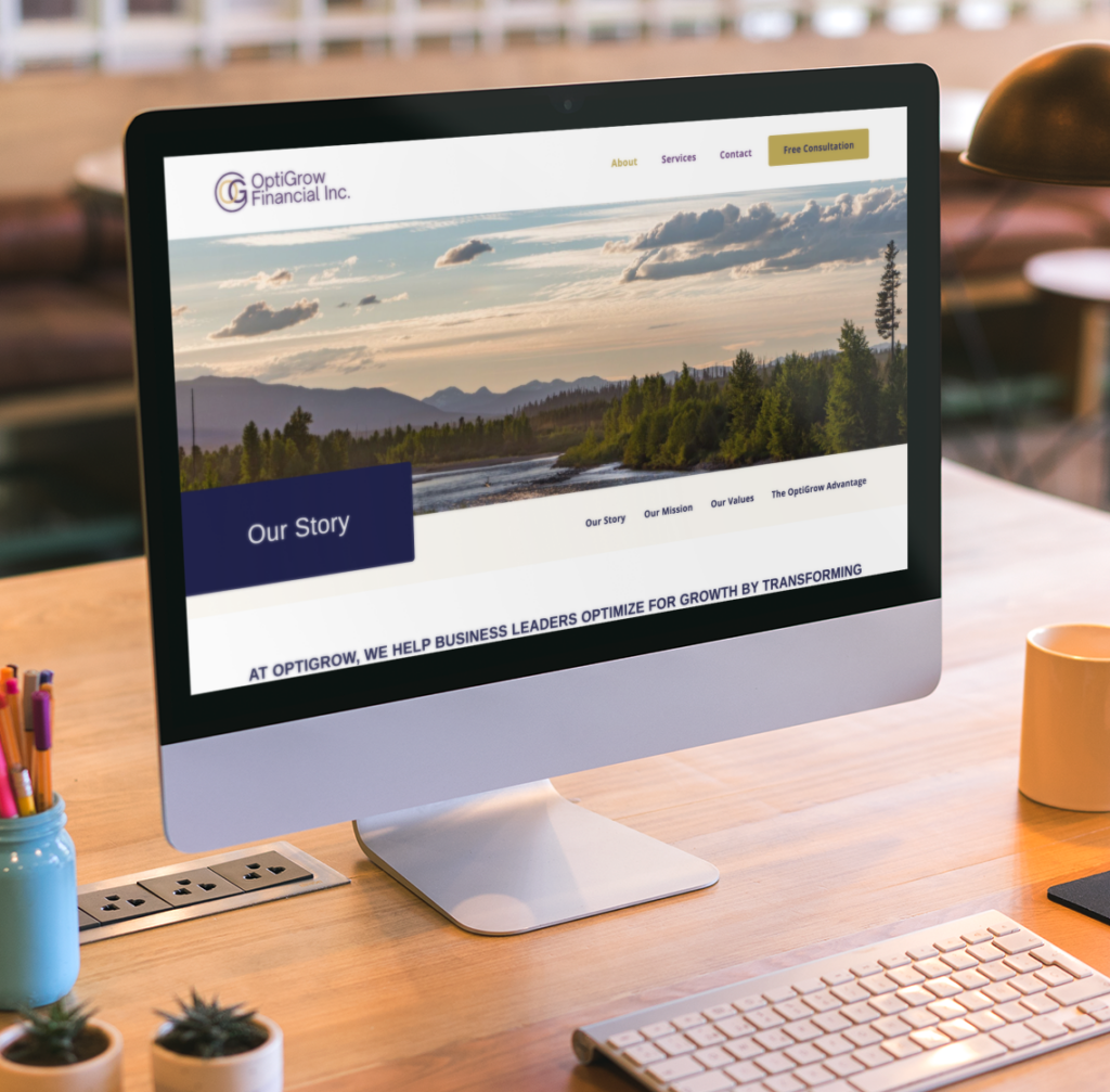 A desktop computer on a wooden table displays the OptiGrow Financial Inc. website, showcasing their Texas-inspired website design with a landscape of trees, mountains, and a river. A coffee cup and plant sit nearby.