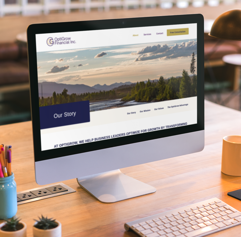 A desktop computer on a wooden table displays the OptiGrow Financial Inc. website, showcasing their Texas-inspired website design with a landscape of trees, mountains, and a river. A coffee cup and plant sit nearby.