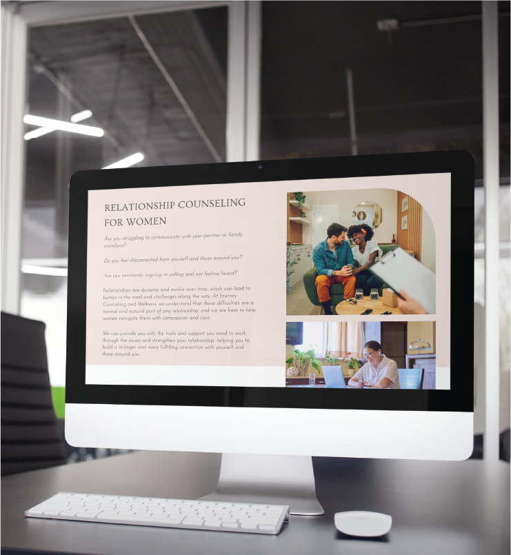 A computer screen displays a webpage titled Relationship Counseling for Women, featuring web design elements and photos of women in counseling sessions and working at a desk, in a modern Georgia office setting with a keyboard and mouse.
