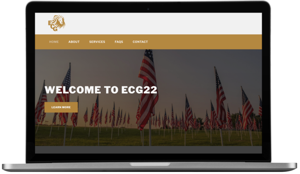 A laptop displays a website showcasing counseling services in Virginia, with many American flags on a grassy field and the text WELCOME TO ECG22. The menu bar has Home, About, Services, FAQs, and Contact. A gold Learn More button appears on the left.