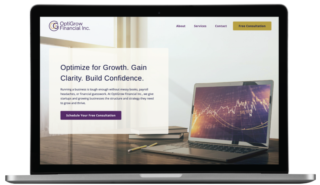 A laptop screen displays the OptiGrow Financial Inc. website, featuring Texas-inspired website design with a message about optimizing growth and a “Schedule Your Free Consultation” button, set against a financial graph background.
