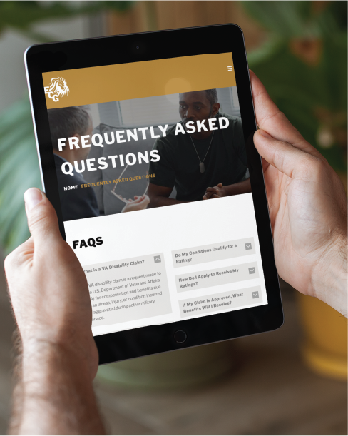 A person holds a tablet displaying a Texas counseling services website’s Frequently Asked Questions page, featuring a custom website design with a header, navigation menu, and several FAQ topics. A blurred plant is in the background.