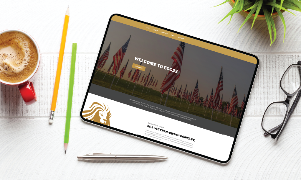 A tablet on a white desk displays a custom website design for Texas Counseling Services with American flags and the message Welcome to ECG22. Nearby are a red coffee cup, pencil, pen, glasses, and a green potted plant.