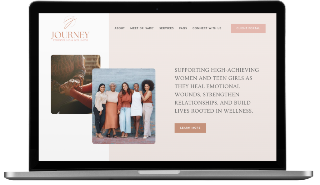 Laptop screen displaying the Journey Counseling & Wellness website, created with Custom Web Design in Georgia, featuring a group of diverse women smiling together and text about supporting women and teen girls in healing and building wellness.