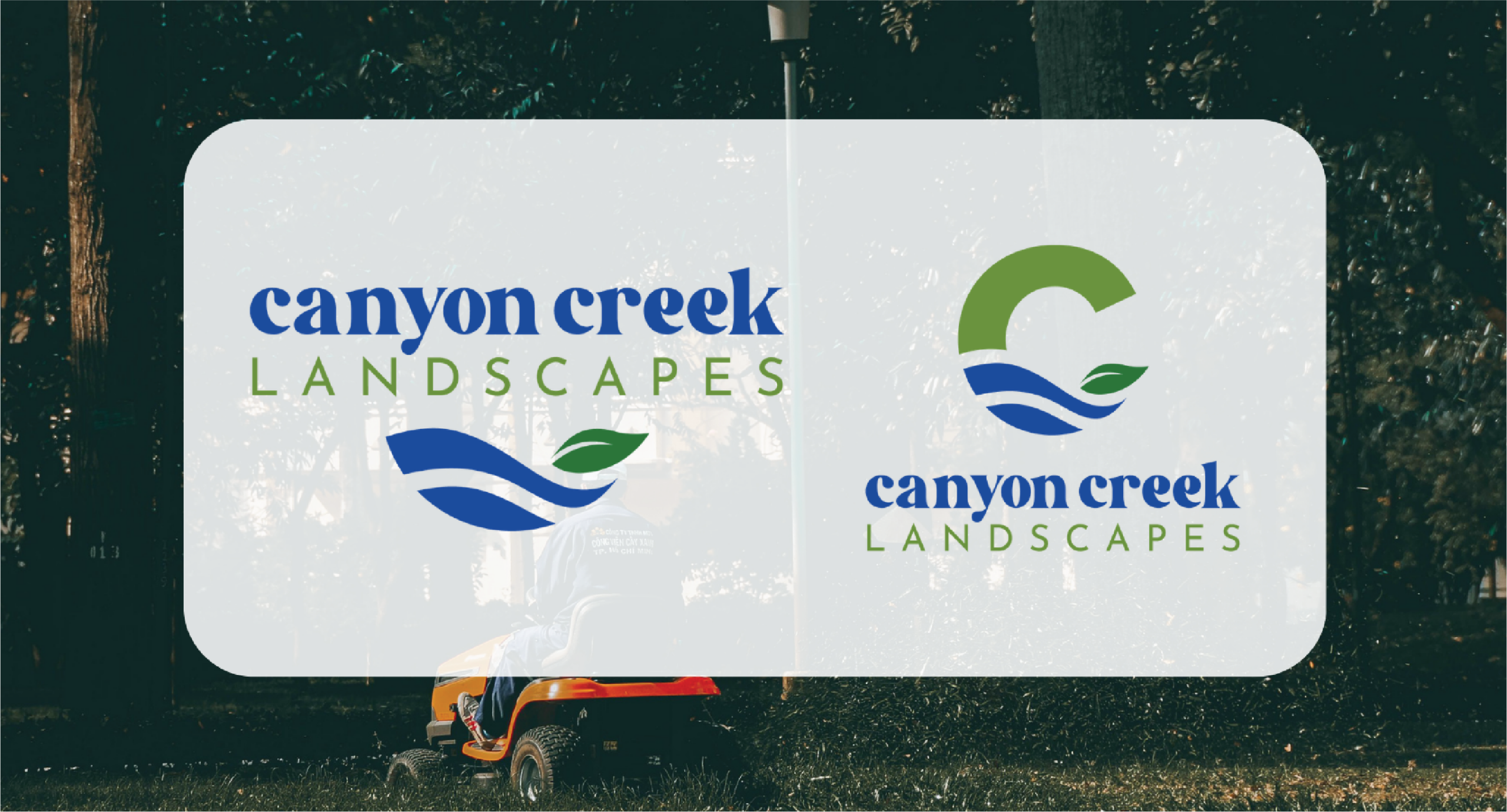 Two versions of the Canyon Creek Landscapes logo are shown on a white overlay: one with stylized text and blue/green water and leaf icons, and another circular brand design featuring a leaf, set against a background of a person mowing a lawn.